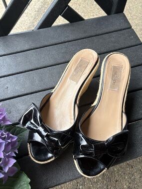 Valentino Black Patent Bow Espadrille Wedge Mules with Open Toe